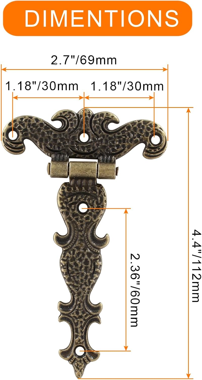 Aracombie 4pcs T Strap Hinges, Decorative Tee Hinge, Antique Bronze Barn Door Hinges, Zinc Alloy T Hinge for Wood Fence Swing Gate Windows, 4.4" x 2.7" - Image 2